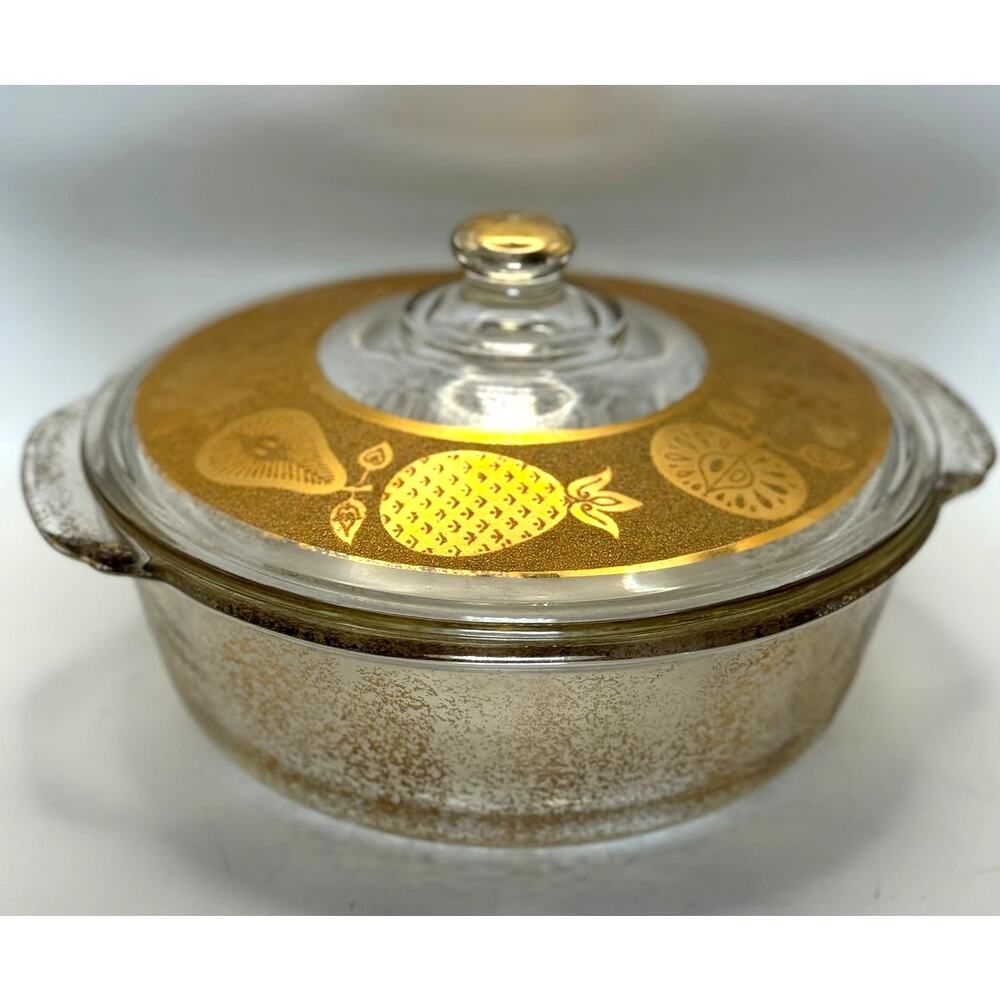Vintage Fire-King Anchor Hocking Gold Fruit Glass 2 QT Casserole Dish USA - Picture 8 of 9